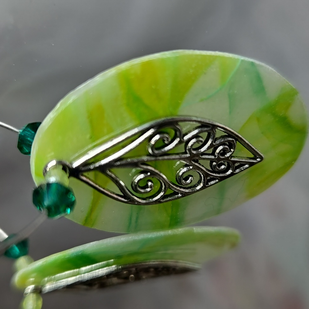 #B226- Chic Silver and Green Leaf Earrings - Picture 4 of 4